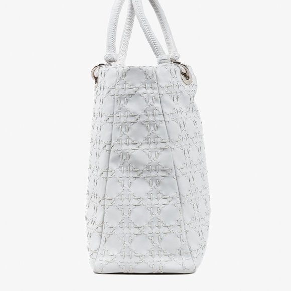 Christian Dior White Lambskin Stitched Woven Lady Dior Tote - Picture 3 of 11